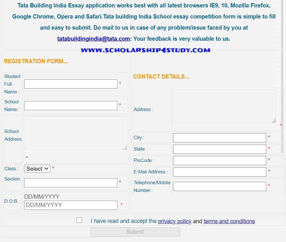 Tata Building India School Essay Competition Registration Form